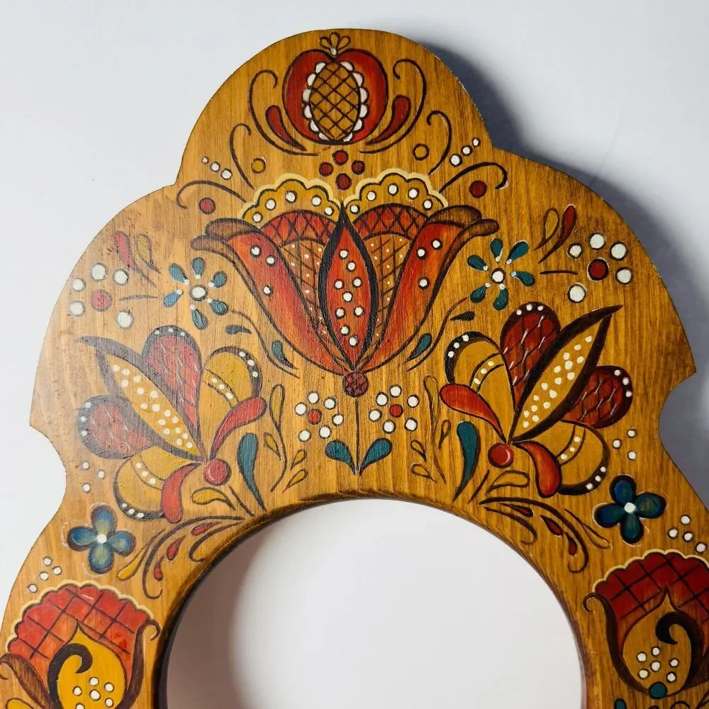 Vintage Handpainted Artisan Ornate Wooden Hanging‎ Wall Frame Mirror Floral